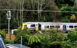 The aftermath of the train derailment near Khandallah, Wellington, shown on 7 June, 2026. The train remains on the scene as investigators work to find the cause.