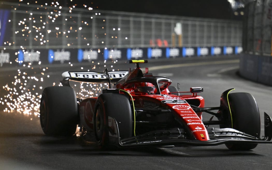 Ferrari's Spanish driver Carlos Sainz Jr., races during the second practice session for the Las Vegas Formula One Grand Prix on November 17, 2023, in Las Vegas, Nevada. (Photo by ANGELA WEISS / AFP)