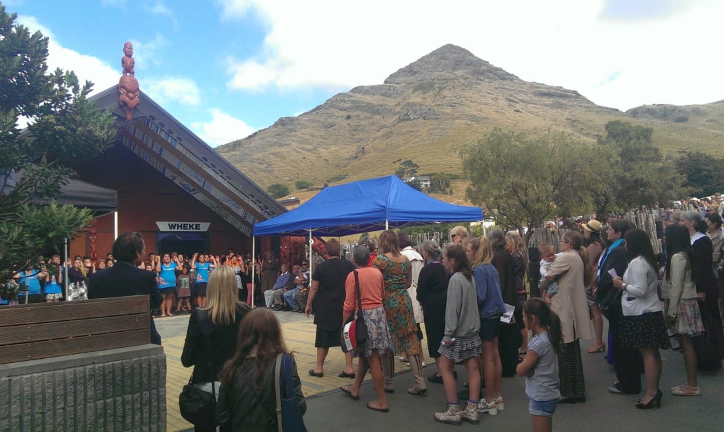 People being welcomed onto Rapaki Marae on Banks Peninsula before a citizenship ceremony.