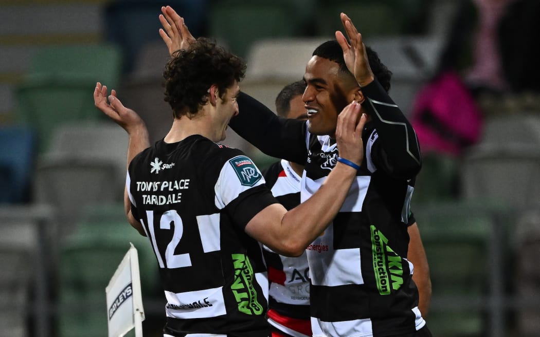 Kienan Higgins and Lukas Ripley of Hawkes Bay celebrate, NPC Round 1, Hawkes Bay v Counties Manukau.