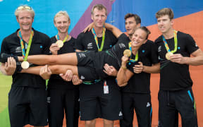 New Zealand Olympic gold medal winners Eric Murray, Hamish Bond, Mahe Drysdale, Peter Burling, Blair Tuke and Lisa Carrington,