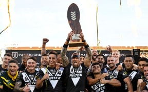 James Fisher-Harris and the Kiwis celebrate winning the Pacific Championships Cup Grand Final.
