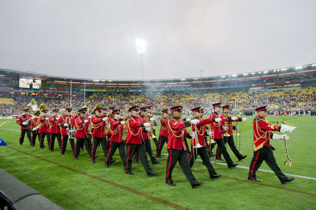 NZ Army Band performs at a Rugby Sevens tournament, Westpac Stadium, Wellington, 2012.