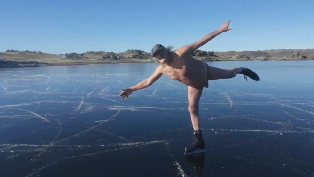 Dunedin's Keith Dickson ice skating in the near-nude to celebrate his 73rd birthday.