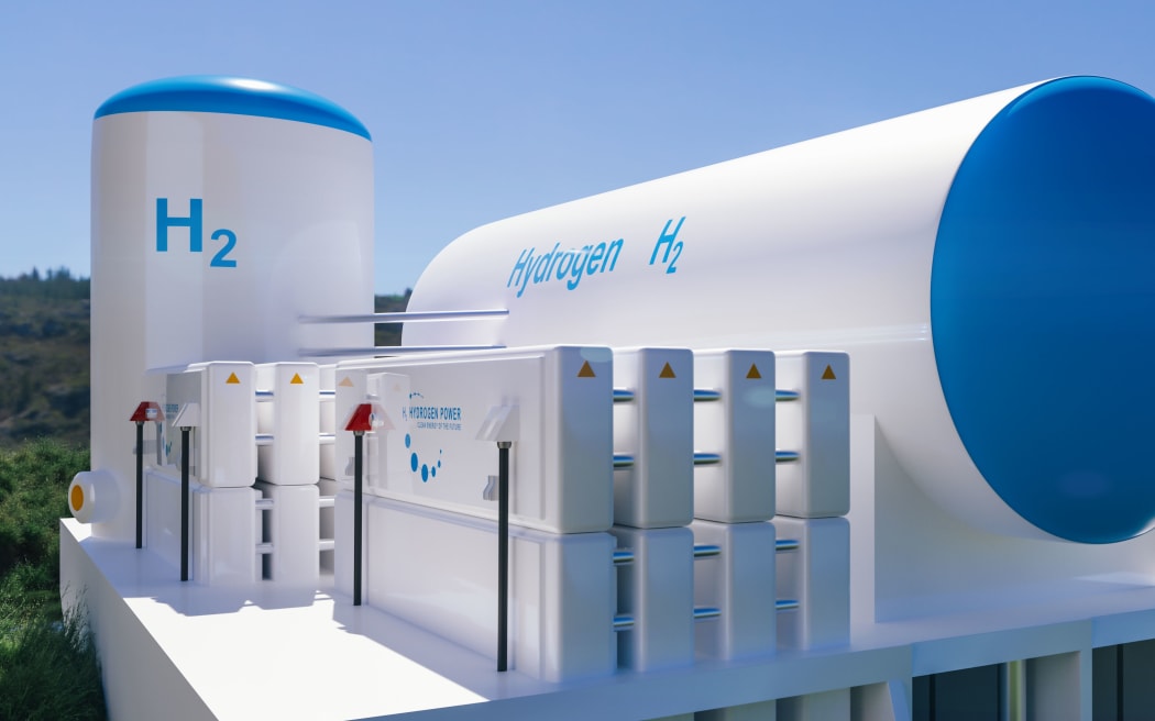 Hydrogen renewable energy production - hydrogen gas for clean electricity solar and windturbine facility. 3d rendering.