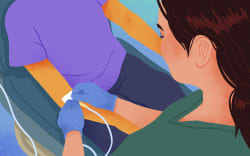 Nurse attaching IV (intravenous) line, illustration