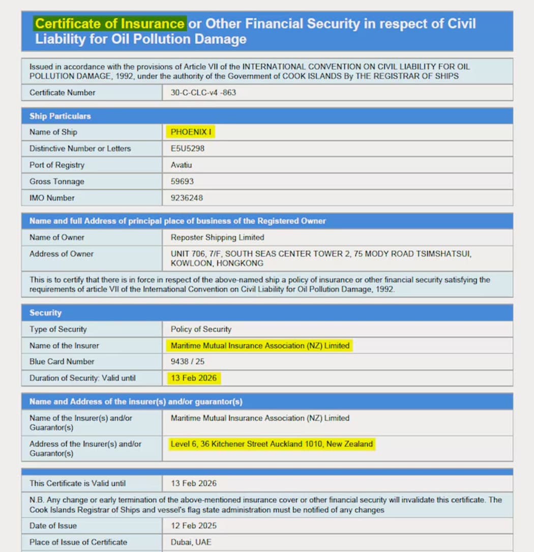 Russian port data from March 3, 2025 showing the Fenghuang, under its former name Phoenix I, declaring it had Maritime Mutual insurance.