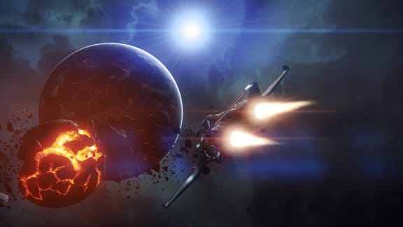 A spaceship flying towards a planet