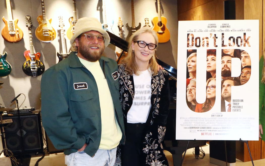 Jonah Hill and Meryl Streep promoting Netflix movie Don't Look Up, in November 2021.