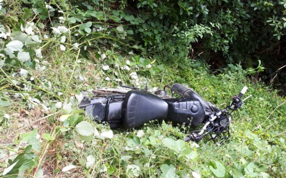 The dirt bike involved in a collision with a cyclist in Porirua’s Bothamley Park in 2022. The victim, a kindergarten teacher who continues to suffer on-going health impacts, says the rider was never found.