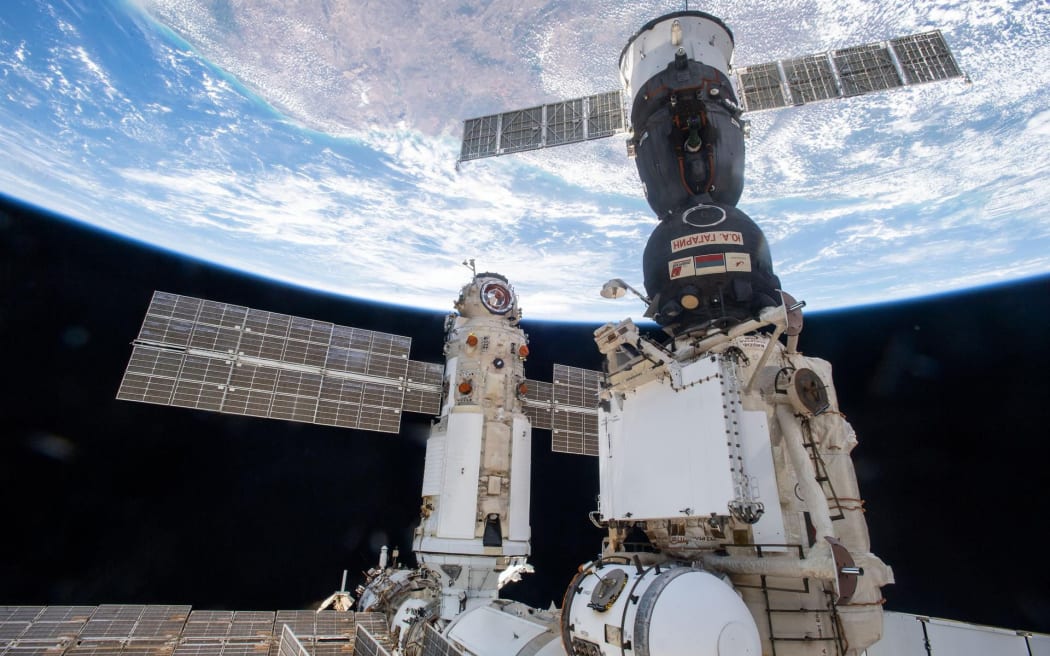 Russia’s “Nauka” Multipurpose Laboratory Module is pictured shortly after docking to the Zvezda service module’s Earth-facing port on the International Space Station.