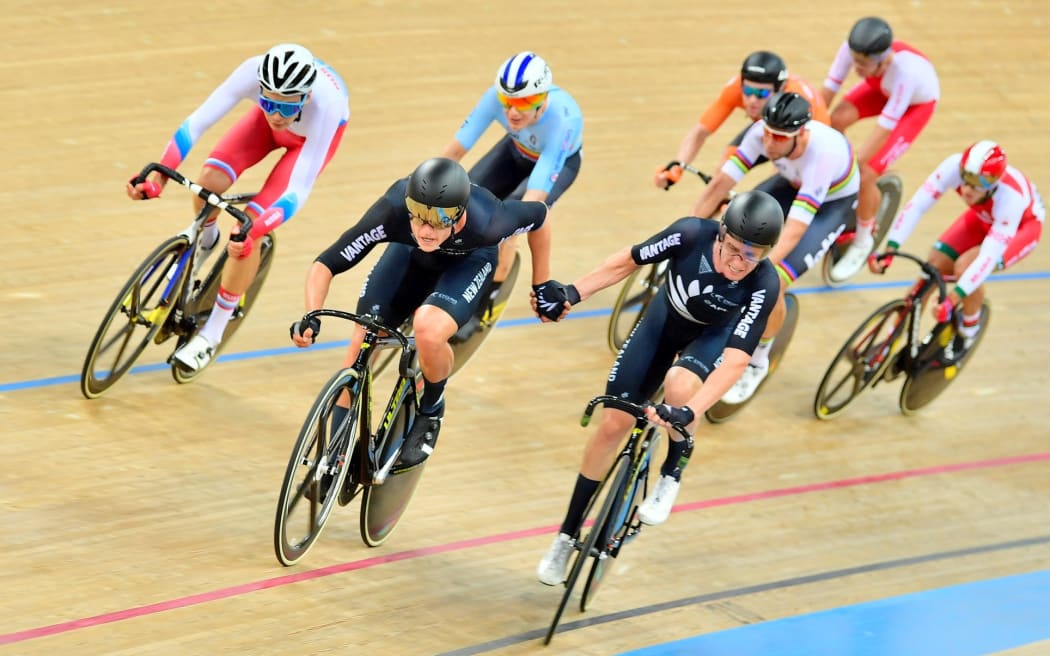 Campbell Stewart & Tom Sexton on their way to claiming silver in the men's madison at the World Cup in Hong Kong.