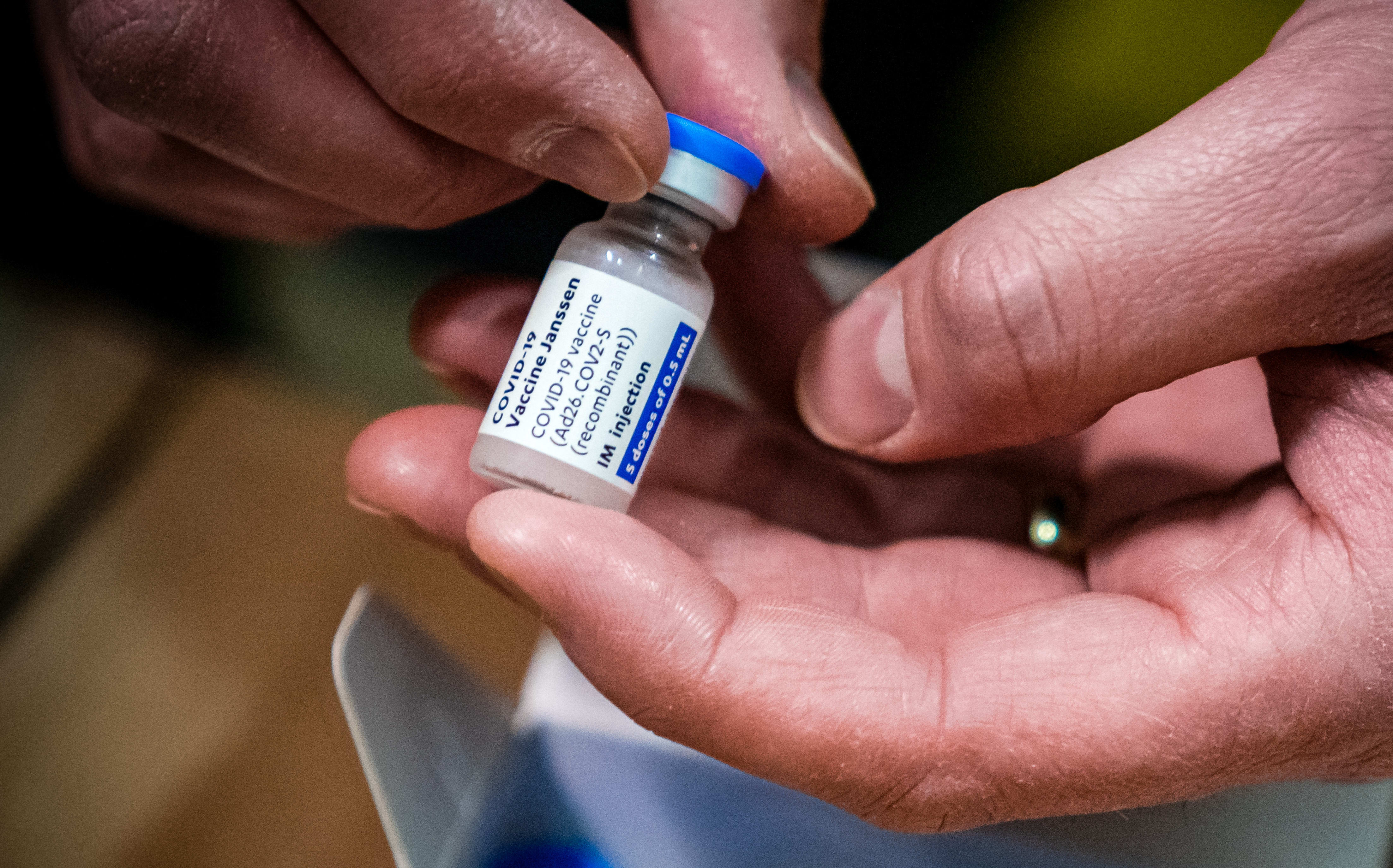 Phials of Johnson & Johnson Janssen Covid-19 vaccines pictured on 12 April 2021 at a distribution centre in the Netherlands.