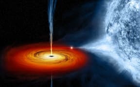 An artist's drawing a black hole named Cygnus X-1. It formed when a large star caved in. This black hole pulls matter from blue star beside it.