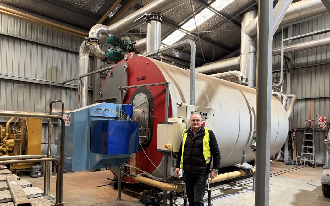 NZ Hothouse managing director Simon Watson at one of two giant gas boilers that help fuel and feed thousands of tomato plants.