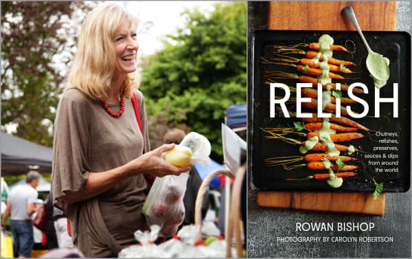 Image of Rowan Bishop at market and the cover of her book Relish.