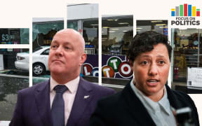 A Focus on Politics branded graphic shows Chris Luxon and Kiri Allan in front of a depiction of a ram raid.