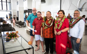 MPs on an Inter-Parliamentary visit to Samoa. Apia, 10 July 2023. From left: National Party MP Todd Muller, Tangi Utikere of the Labour Party, Parliament's Speaker Adrian Rurawhe, Lemauga Lydia Sosene of Labour, and Green Party MP Teanau Tuiono.