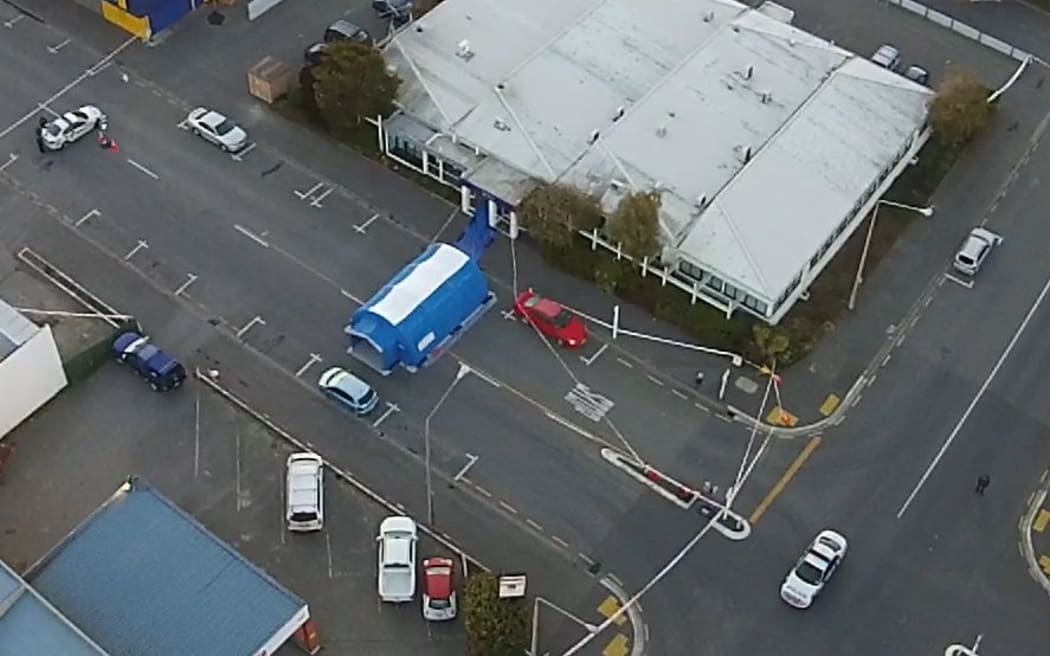 Aerial view of the cordoned off area around the Work and Income offices in Ashburton.
