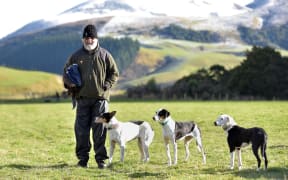 A partipicant and his three dogs at the Sheep Dog Trial Championships in Greenvale, Southland.