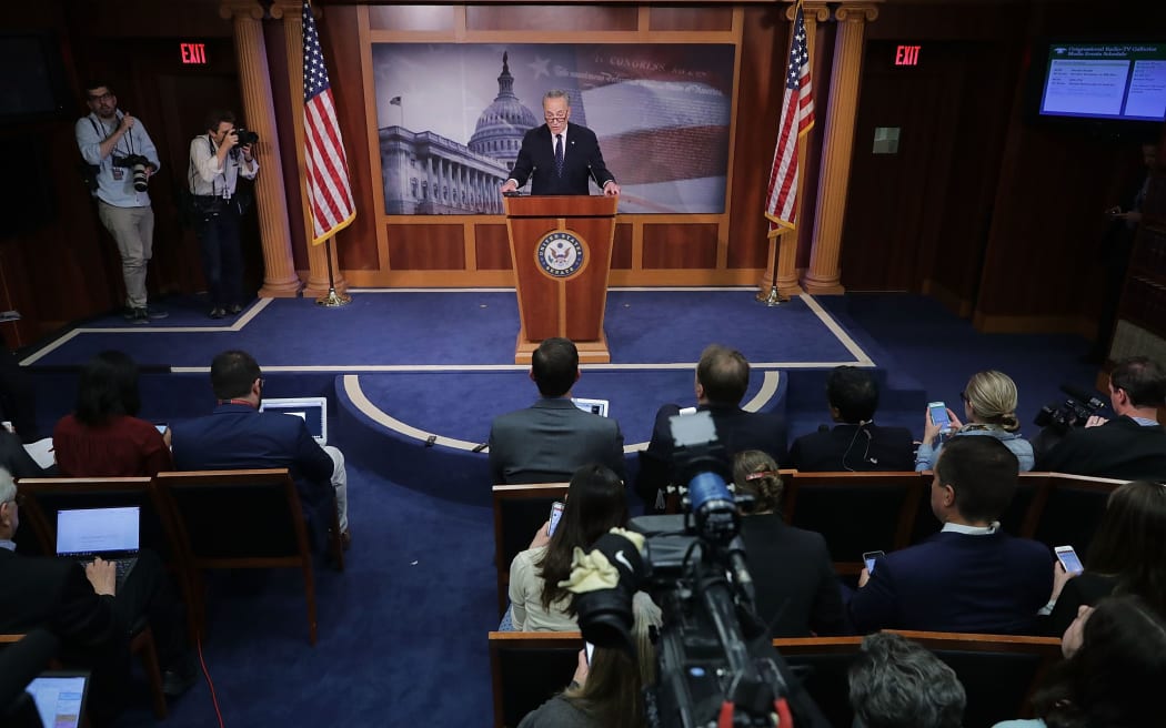 Senate Minority Leader Chuck Schumer  holds a news conference at the US Capitol following the firing of Federal Bureau of Investigation Director James Comey by President Donald Trump.