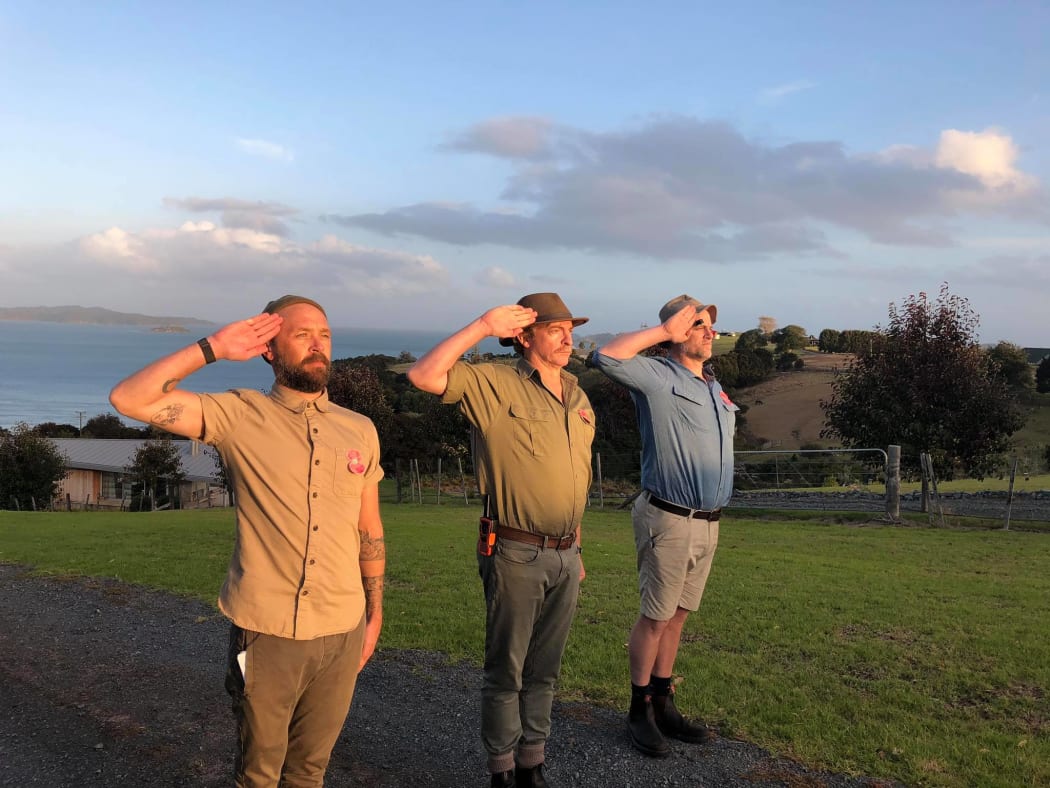 Rhys Darby (c) and friends filming the ANZAC day special of new lockdown series The Alone Ranger