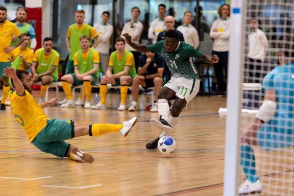Match action at the PACIFICAUS Sports Futsal Series between Australia and Solomon Islands at Heffron Centre, Sydney.