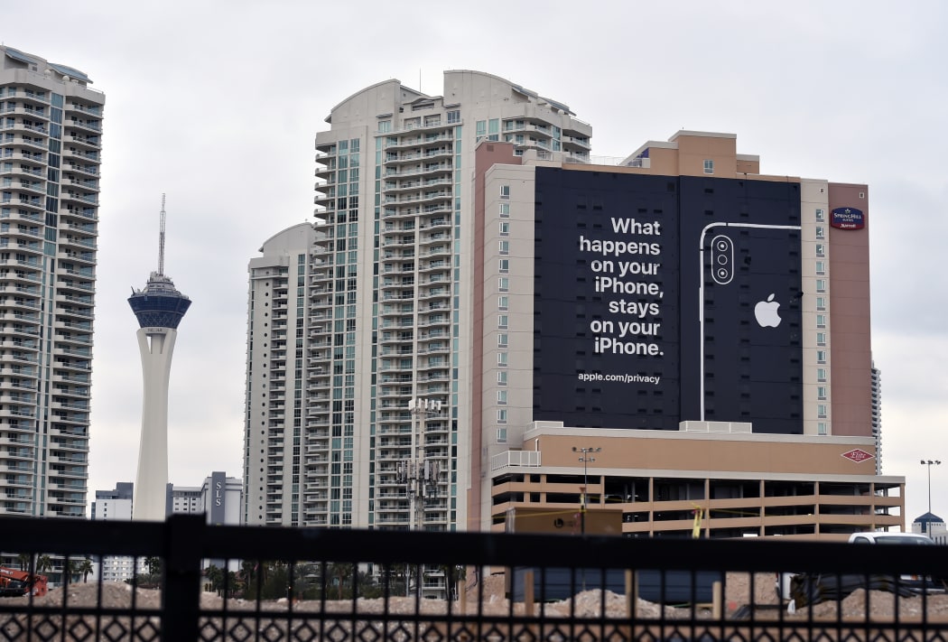 A billboard advertising Apple's iPhone security is displayed during CES 2019.