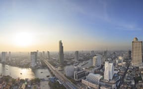 panorama view beautiful curve of chao phraya river and high building sky scrapper in heart of bangkok thailand