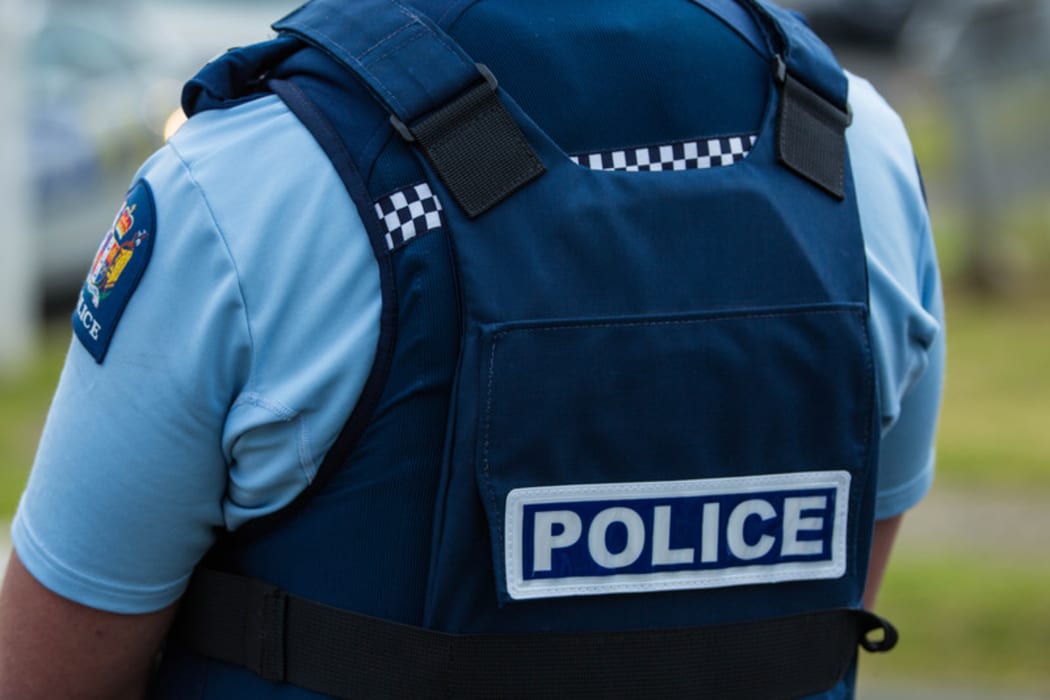 Close up of the back of a police officer wearing a vest.