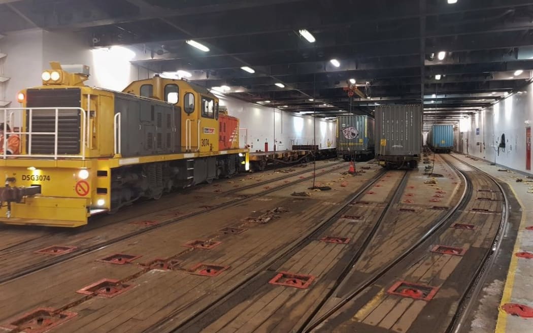 A 2019 image shows the rail deck on the Aratere ferry.