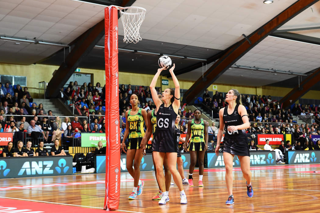 Bailey Mes shoots a goal during the Silver Ferns first test against the Jamaican Sunshine Girls for the Taini Jamison Trophy.
