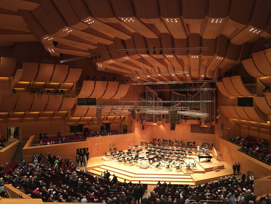 Inside the Gasteig concert hall, for a performance by the Munich Philharmonic and soprano Barbara Hannigan.