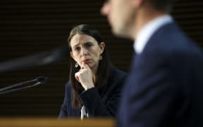 Prime Minister Jacinda Ardern and Director-General of Health Dr Ashley Bloomfield during a press conference at Parliament on August 31, 2021 in Wellington, New Zealand.