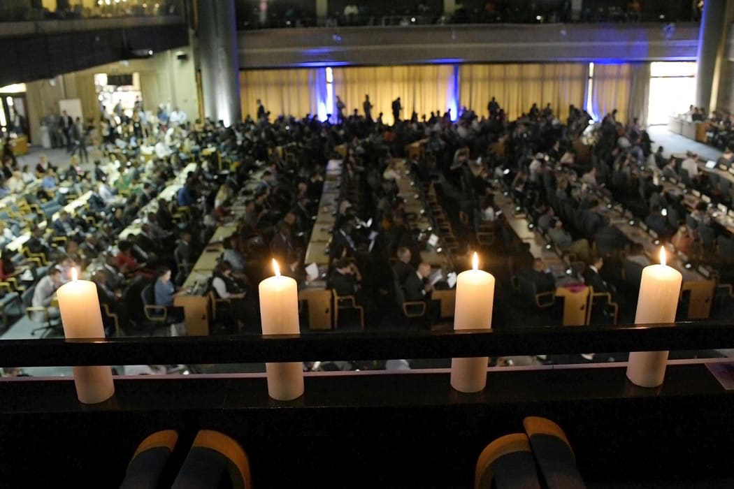 Candles lit as a tribute to the victims of Ethiopian Airlines crashed plane at the United Nations Environment Assembly, in Nairobi.