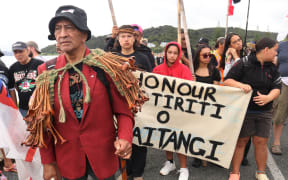 Kaumātua Ned Peita at the front of last year's Hīkoi ki Waitangi.