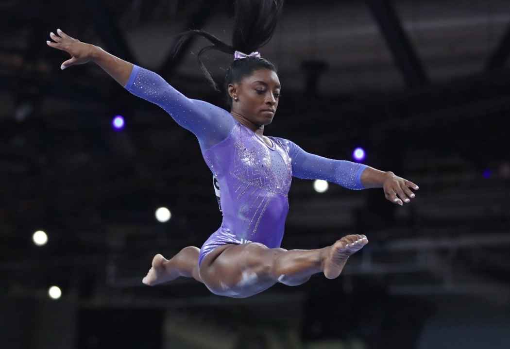 BILES Simone USA,winner, performs the final apparatus of Women's Balance Beam in the World Artistic Gymnastics Championships in Stuttgart, Germany on October 13, 2019. ( The Yomiuri Shimbun )