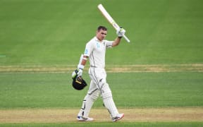 New Zealand opening batsman Tom Latham celebrates his century on Day 1. 2nd Test match. New Zealand Black Caps v England.