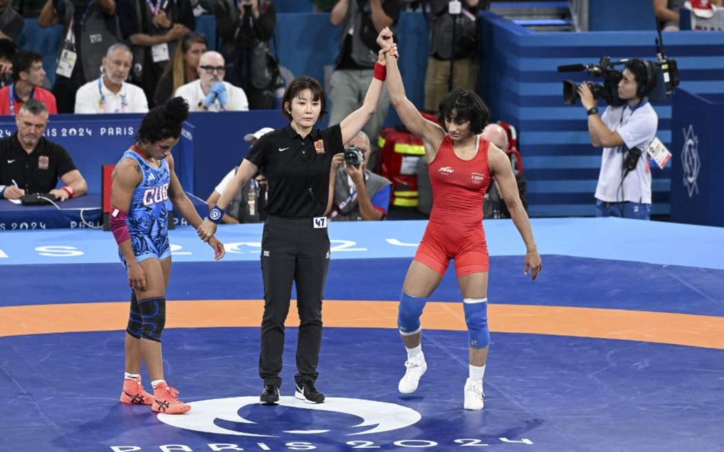 Vinesh Vinesh Phogat (India) vs Yusneylis Guzmán López (Cuba), Wrestling, Women's Freestyle 50kg Semifinal during the Olympic Games Paris 2024 on 6 August 2024 at Champ-de-Mars Arena in Paris, France - Photo Federico Pestellini / Panoramic / DPPI Media (Photo by Federico Pestellini / Panoramic / DPPI via AFP)