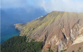 Aerial view of Whakaari / White Island on 24 May, 2024, showing thin, green ash deposits.