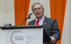Enele Sosene Sopoaga, Prime Minister and Minister for Public Utilities of Tuvalu, addresses the United Nations high-level summit on large movements of refugees and migrants.  Sep 2016