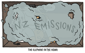 A dairy cow wearing a gas mask chokes in a cloud of grey emissions.