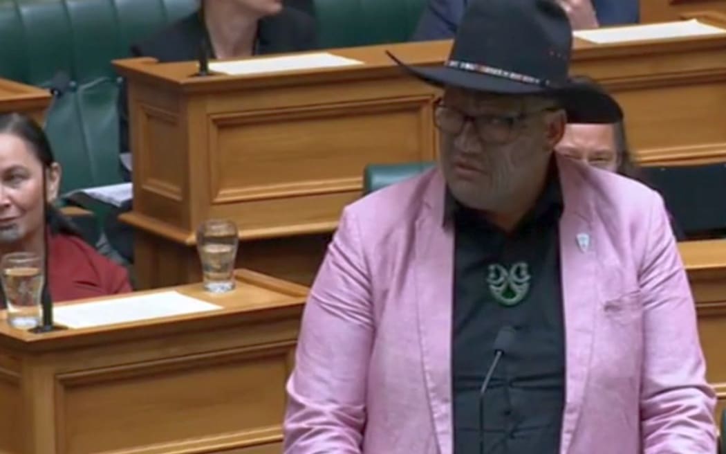 Rawiri Waititi  in Parliament, before getting kicked out of the House for doing a haka.