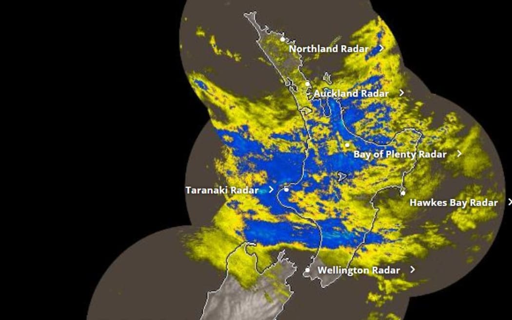 Rain over northern New Zealand late Monday morning 15 February 2021.