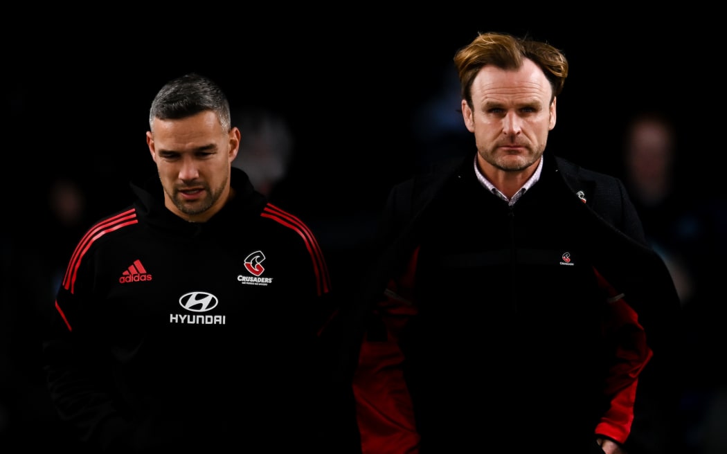 Tamati Ellison and Scott Robertson Coach of the Crusaders during the Super Rugby Pacific Rugby Semi Final match, Crusaders Vs Blues, at Orangetheory Stadium, Christchurch, New Zealand, 16th June 2023. Copyright photo: John Davidson / www.photosport.nz