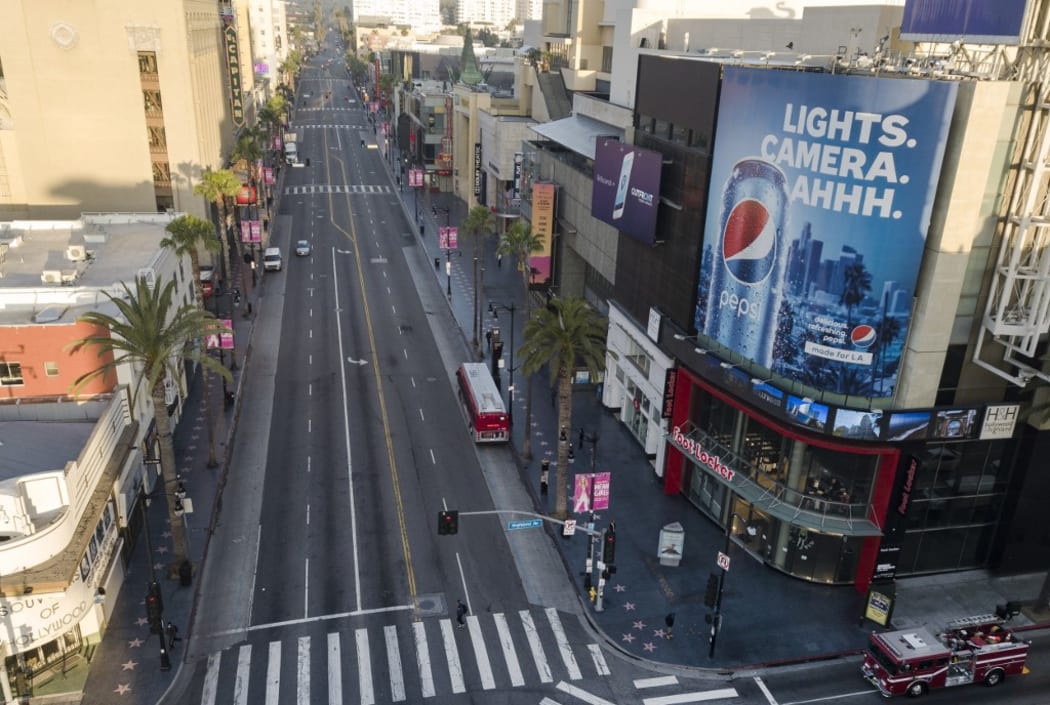 An aerial view looking towards west along Hollywood Blvd at the intersection with Highland Ave during morning rush hour on Monday April 27, 2020 in Los Angeles, California during the coronavirus COVID-19 pandemic.