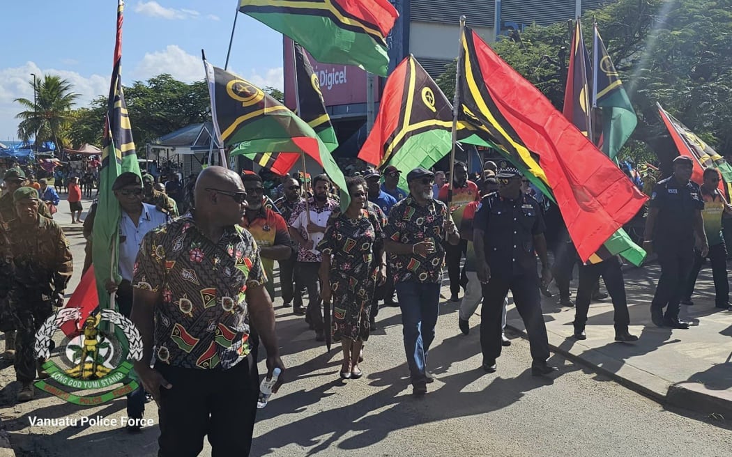 Prime Minister Charlot Salwai leads the official parade in Port Vila. 30 July 2024