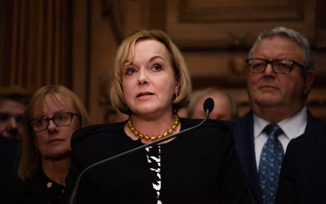 National Party leader Judith Collins addresses media alongside deputy leader Gerry Brownlee following the emergency caucus meeting on 14 July.