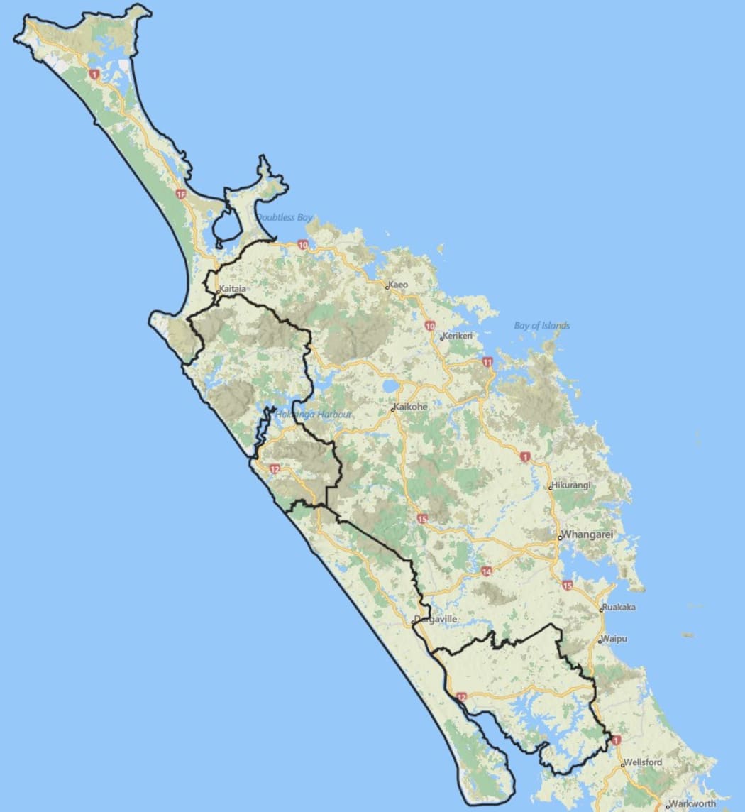 Map showing areas in the north and west of Northland where a total fire ban will come into force on Saturday.