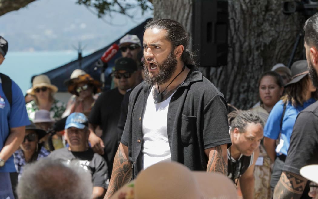 Activist Eru Kapa-Kingi at Waitangi who spoke before Prime Minister Christopher Luxon.